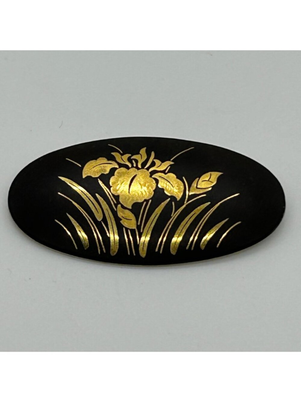 Vintage Japanese Damascene Brooch Gold-tone Inlay Black Oval Iris Flower Pin - Picture 2 of 10